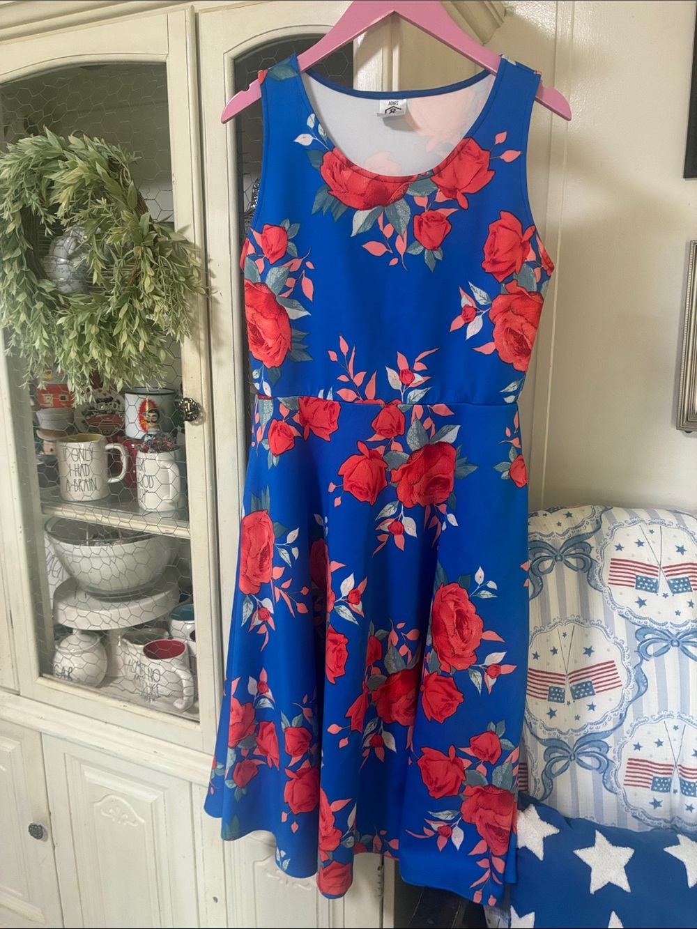 Agnes & Dora Royal Blue Floral Fit & Flare Dress with Red Roses